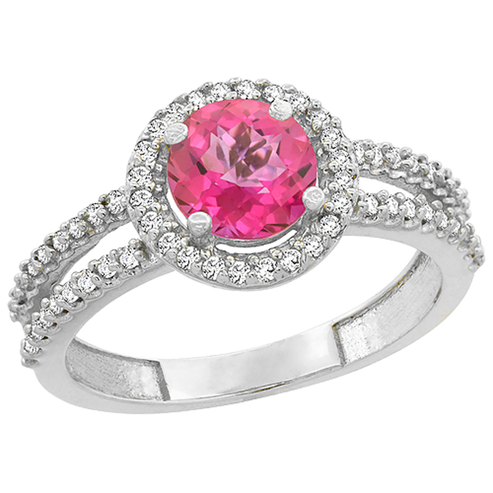 14K White Gold Natural Pink Topaz Diamond Halo Ring Round 6mm, sizes 5 - 10