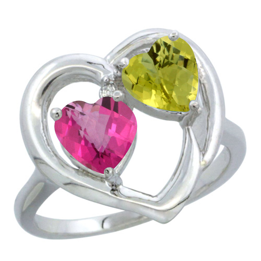 14K White Gold Diamond Two-stone Heart Ring 6 mm Natural Pink Topaz & Lemon Quartz, sizes 5-10