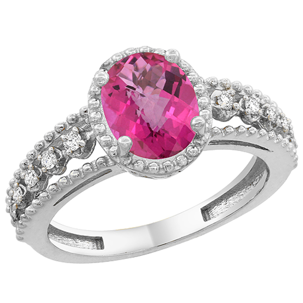 14K White Gold Natural Pink Topaz Ring Oval 9x7 mm Floating Diamond Accents, sizes 5 - 10