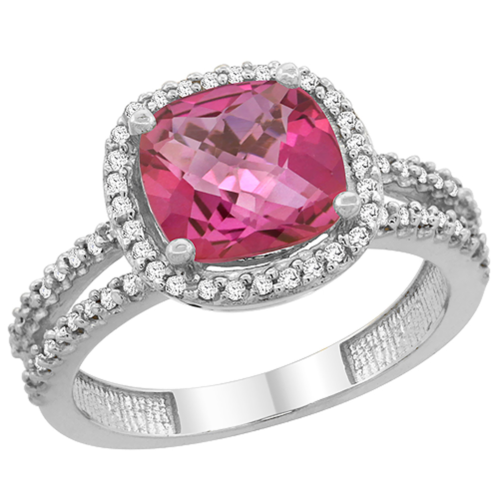 10K White Gold Natural Pink Topaz Ring Cushion-cut 8x8 mm 2-row Diamond Accents, sizes 5 - 10