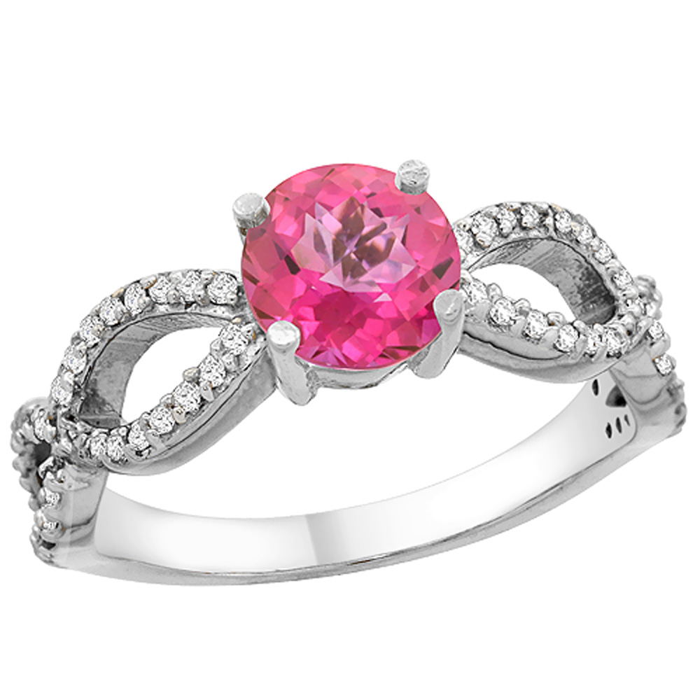 10K White Gold Natural Pink Topaz Ring Round 6mm Infinity Diamond Accents, sizes 5 - 10