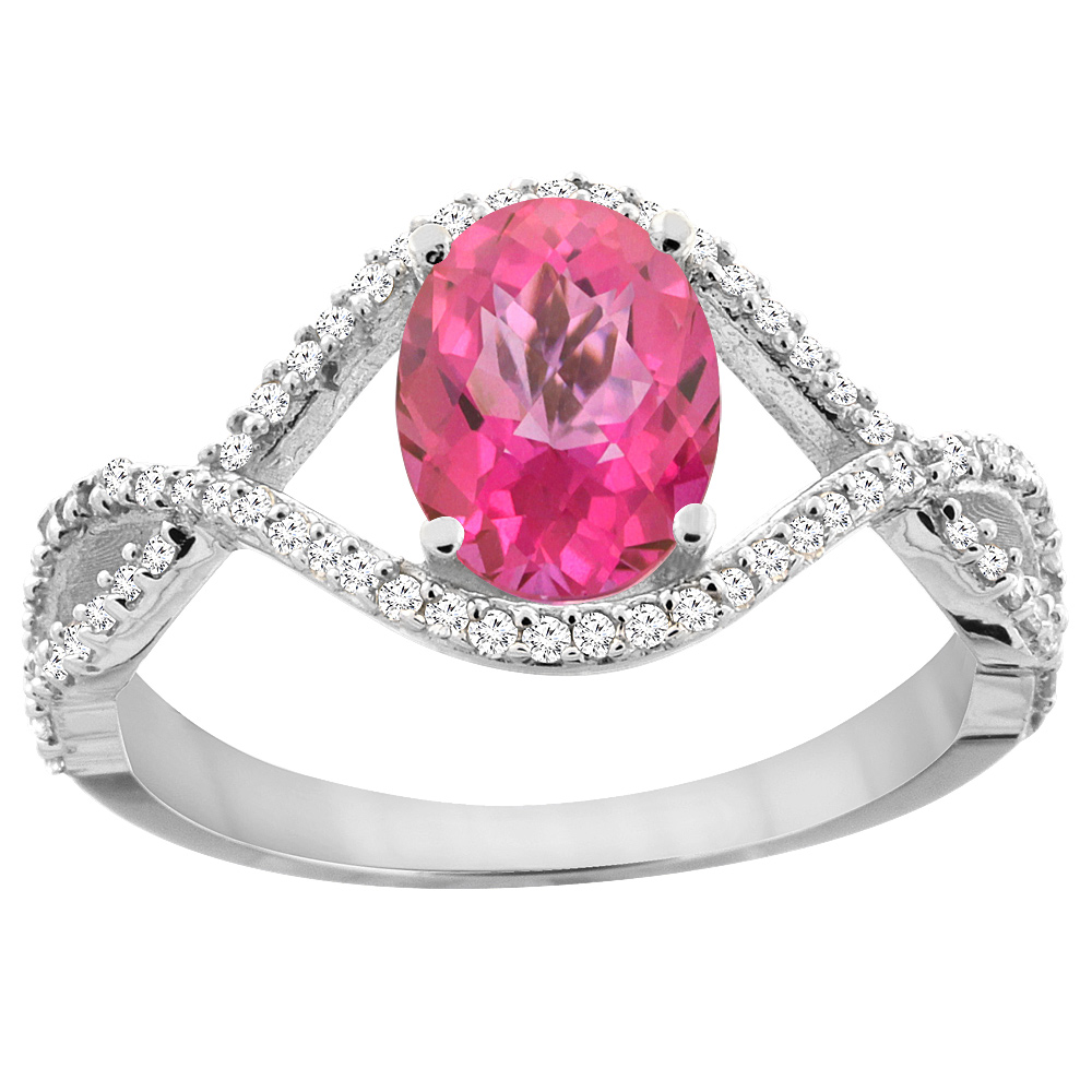 14K White Gold Natural Pink Sapphire Ring Oval 8x6 mm Infinity Diamond Accents, sizes 5 - 10