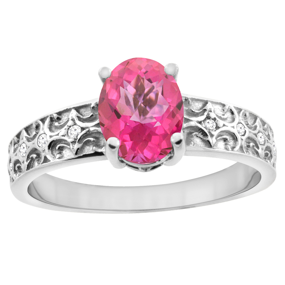 14K White Gold Natural Pink Sapphire Ring Oval 8x6 mm Diamond Accents, sizes 5 - 10