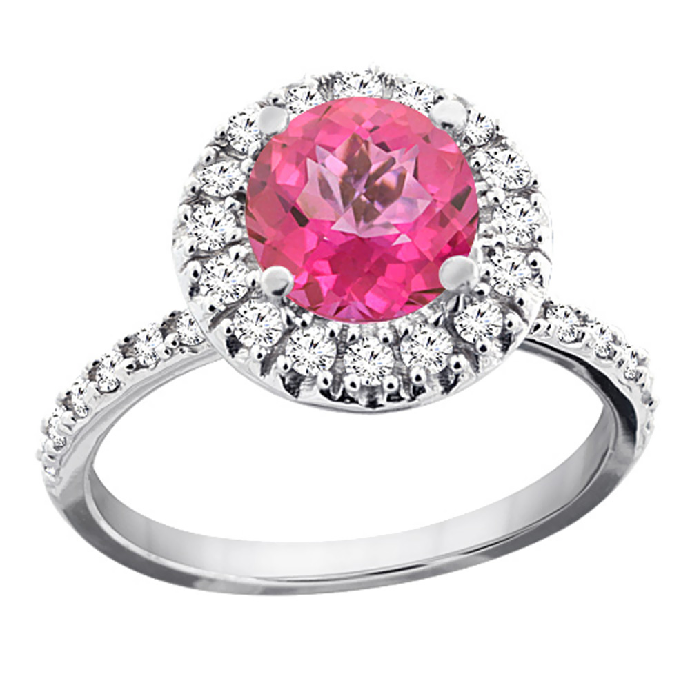 10K White Gold Natural Pink Topaz Ring Round 8mm Floating Halo Diamond, sizes 5 - 10