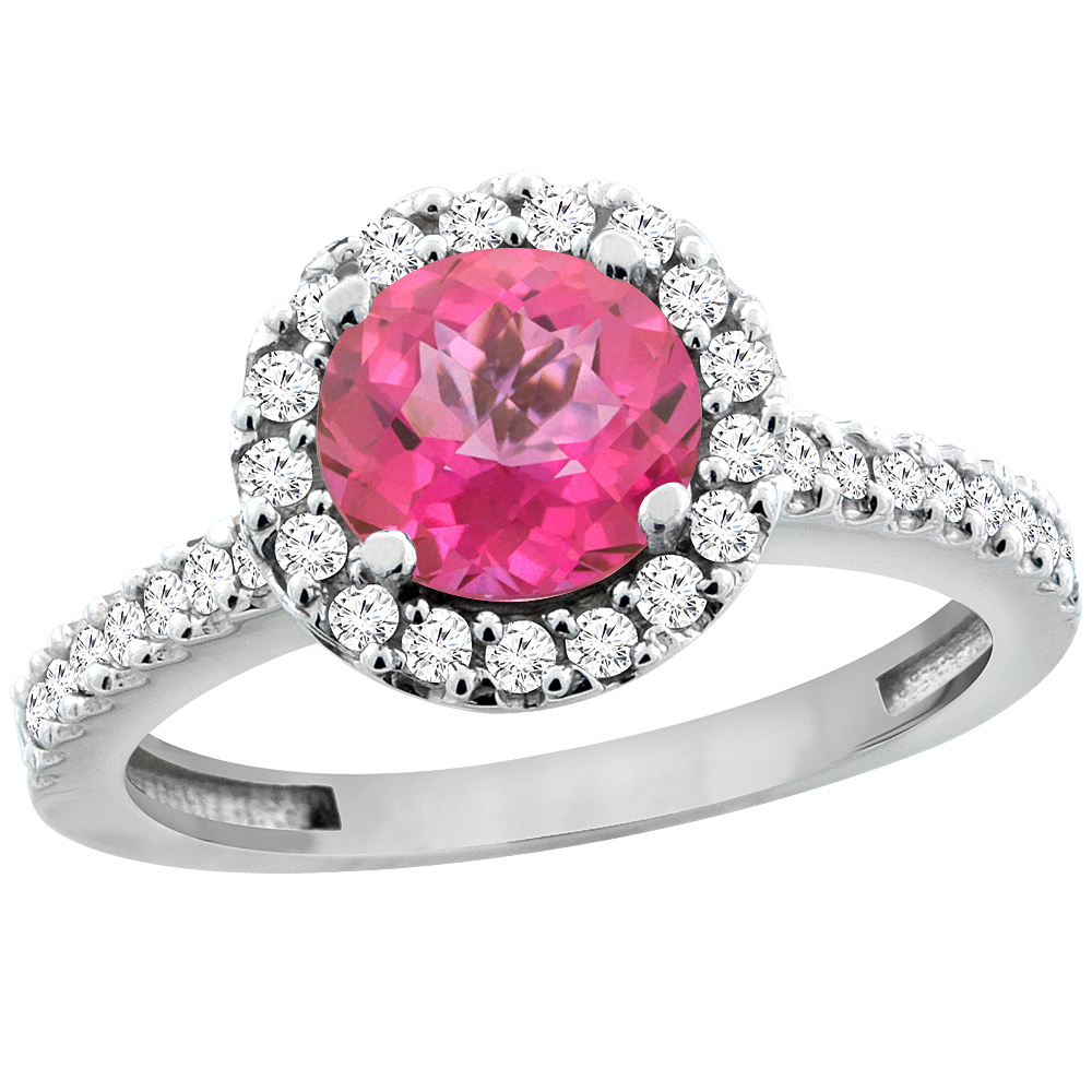 10K White Gold Natural Pink Topaz Ring Round 6mm Floating Halo Diamond, sizes 5 - 10