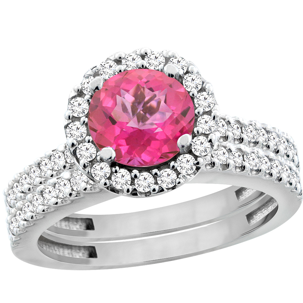 14K White Gold Natural Pink Topaz Round 6mm 2-Piece Engagement Ring Set Floating Halo Diamond, sizes 5 - 10