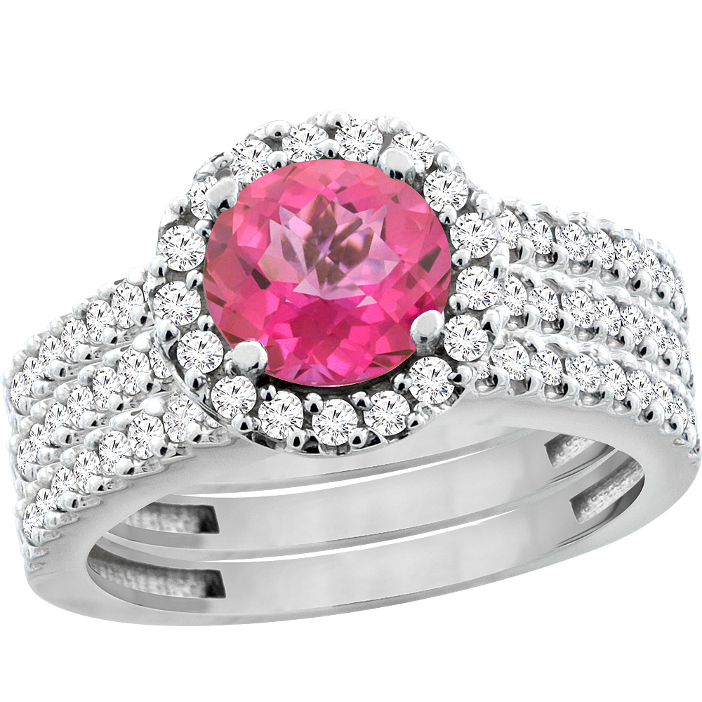 14K White Gold Natural Pink Topaz 3-Piece Bridal Ring Set Round 6mm Halo Diamond, sizes 5 - 10