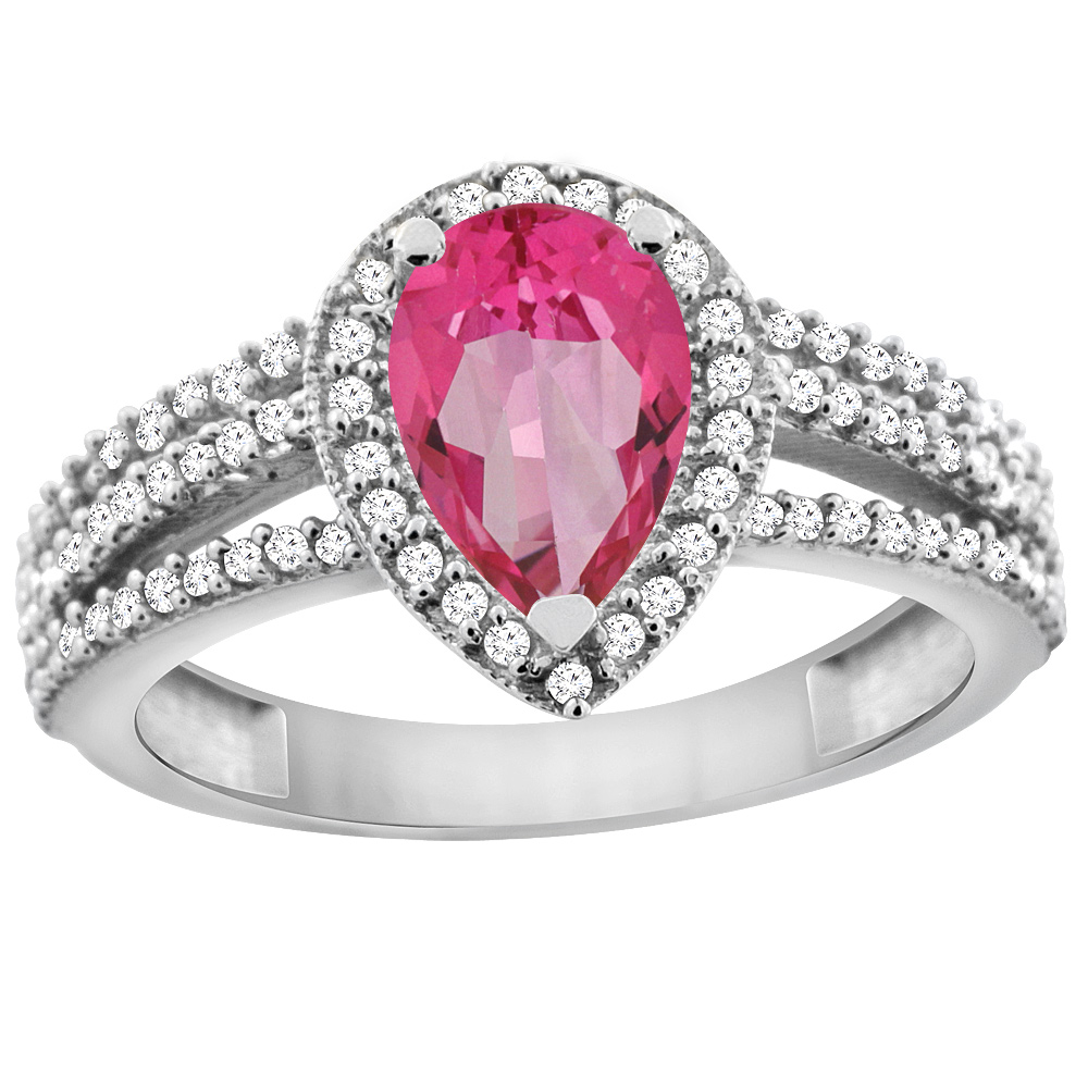 10K White Gold Natural Pink Topaz Ring 9x7 Pear Halo Diamond, sizes 5 - 10
