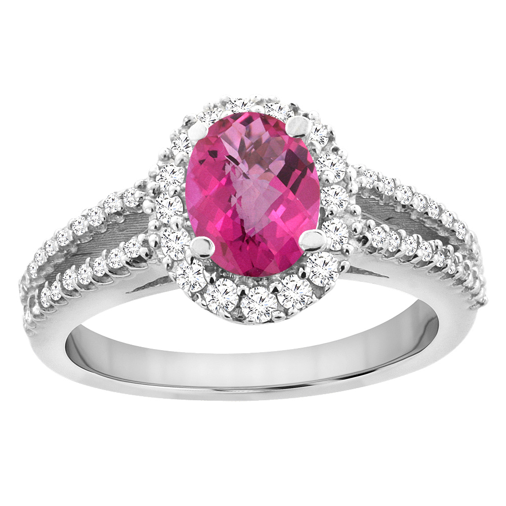 10K White Gold Natural Pink Sapphire Split Shank Halo Engagement Ring Oval 7x5 mm, sizes 5 - 10