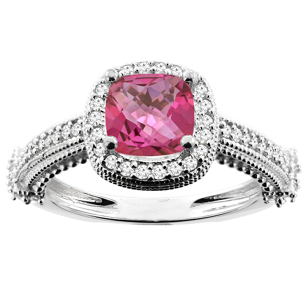 14K White/Yellow/Rose Gold Natural Pink Topaz Ring Cushion 7x7mm Diamond Accent 7/16 inch wide, sizes 5 - 10