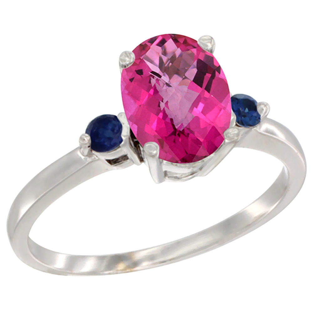 14K White Gold Natural Pink Topaz Ring Oval 9x7 mm Blue Sapphire Accent, sizes 5 to 10