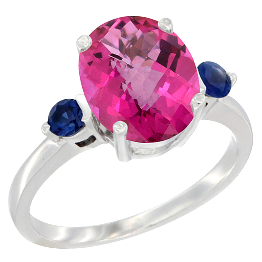 10K White Gold 10x8mm Oval Natural Pink Topaz Ring for Women Blue Sapphire Side-stones sizes 5 - 10