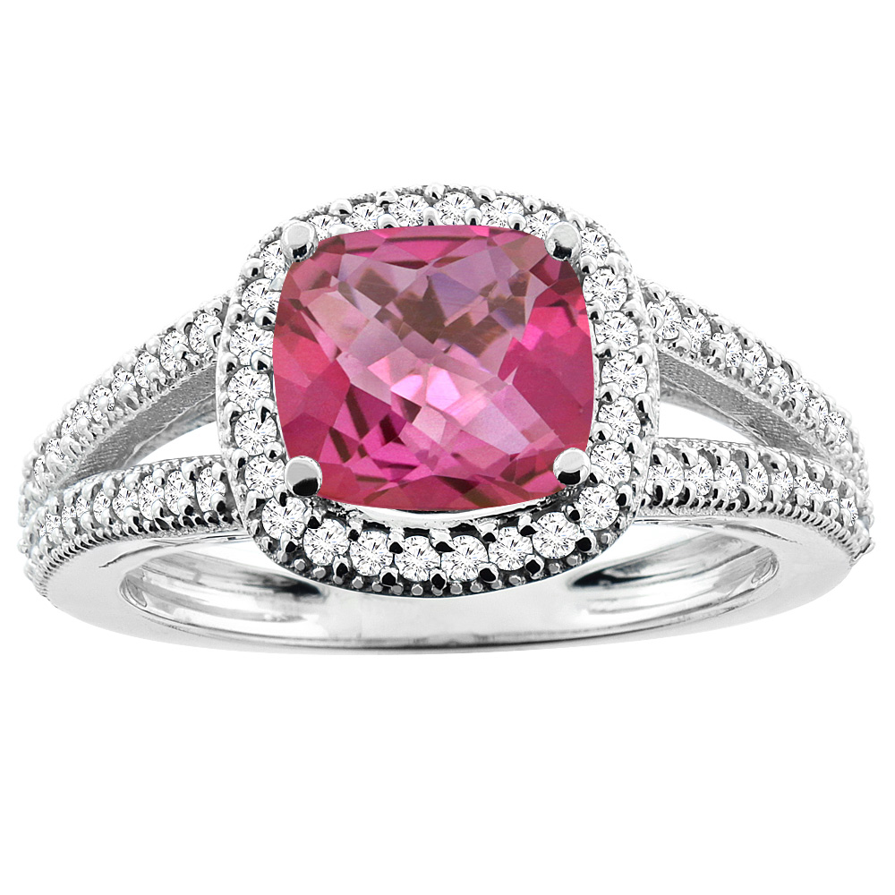 10K White Gold Natural Pink Topaz Ring Cushion 7x7mm Diamond Accent 3/8 inch wide, sizes 5 - 10