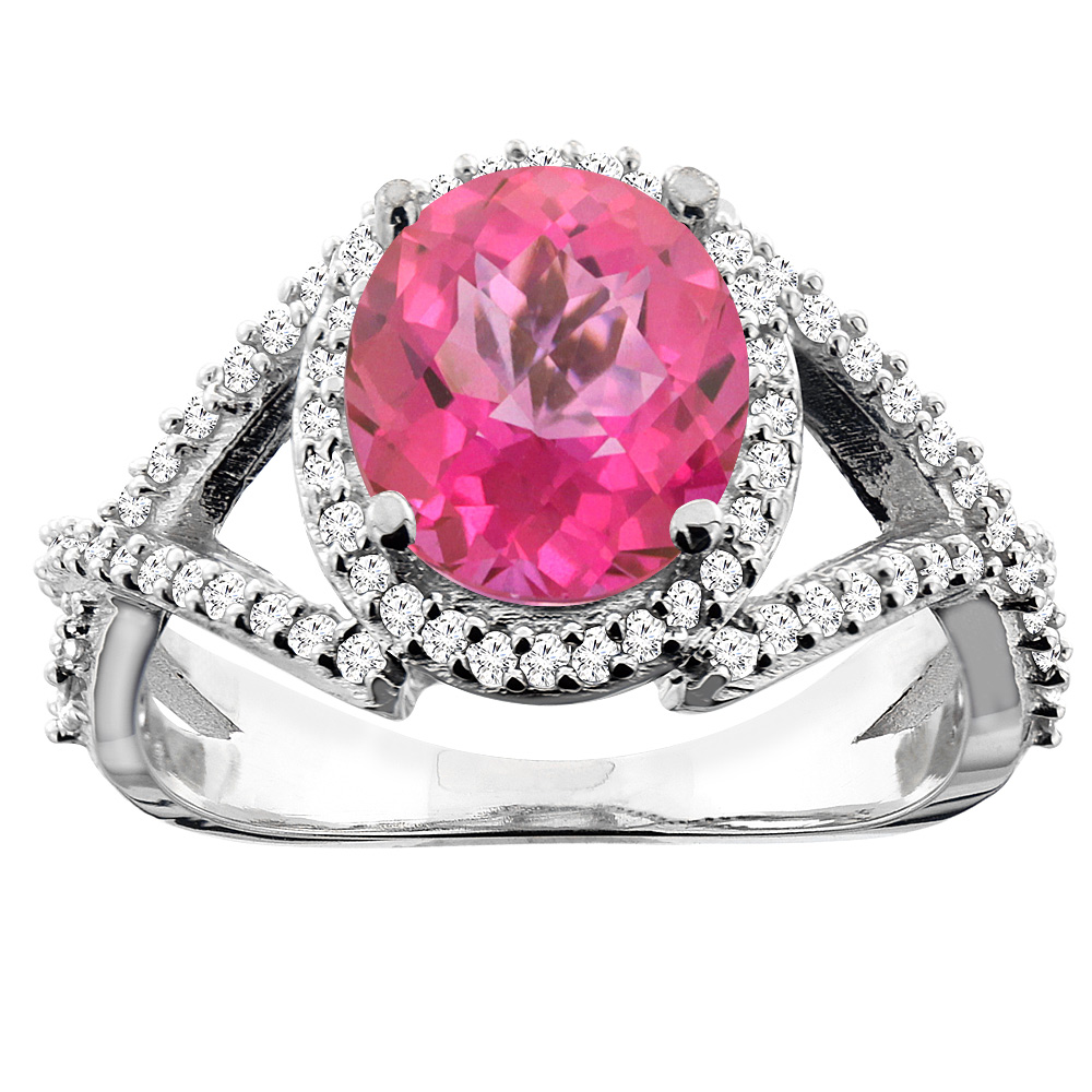 10K Yellow Gold Natural Pink Topaz Ring Oval 9x7mm Diamond Accent, size 5