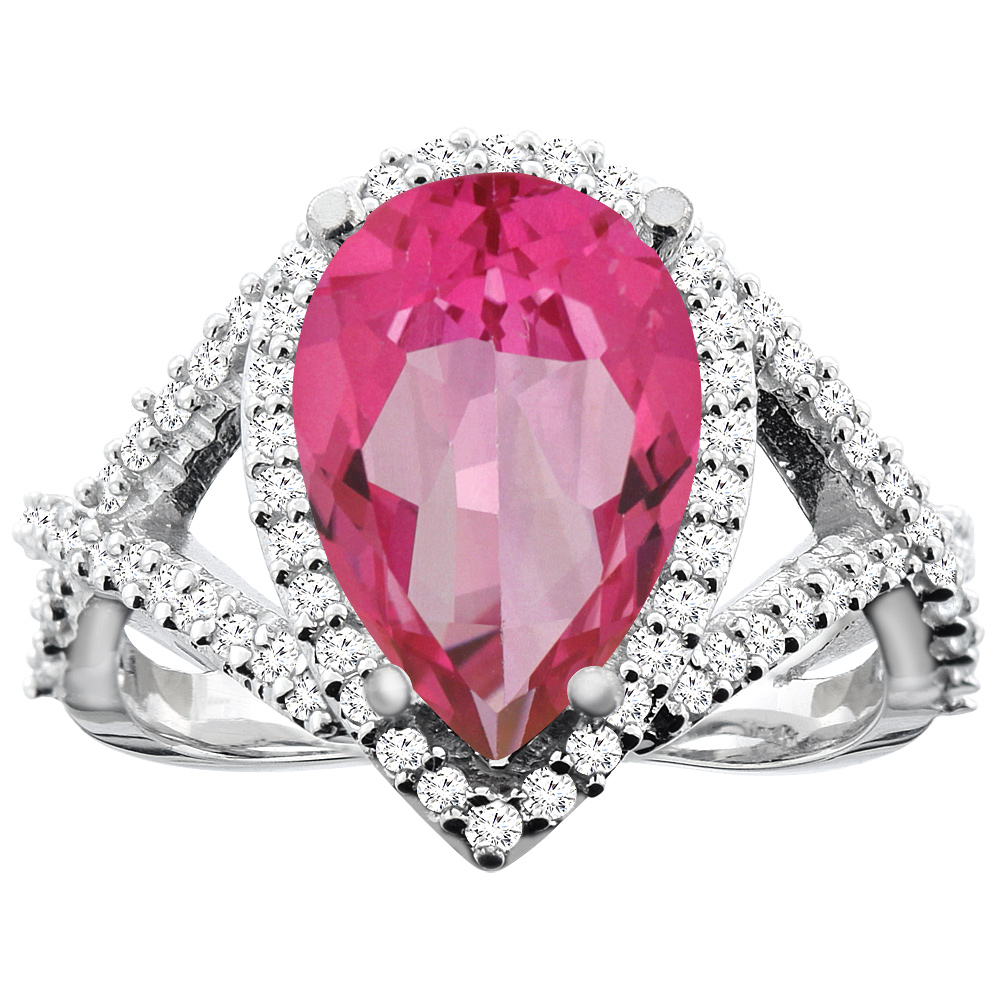 10K White/Yellow/Rose Gold Natural Pink Topaz Ring Pear 12X8mm Diamond Accent, sizes 5 - 10