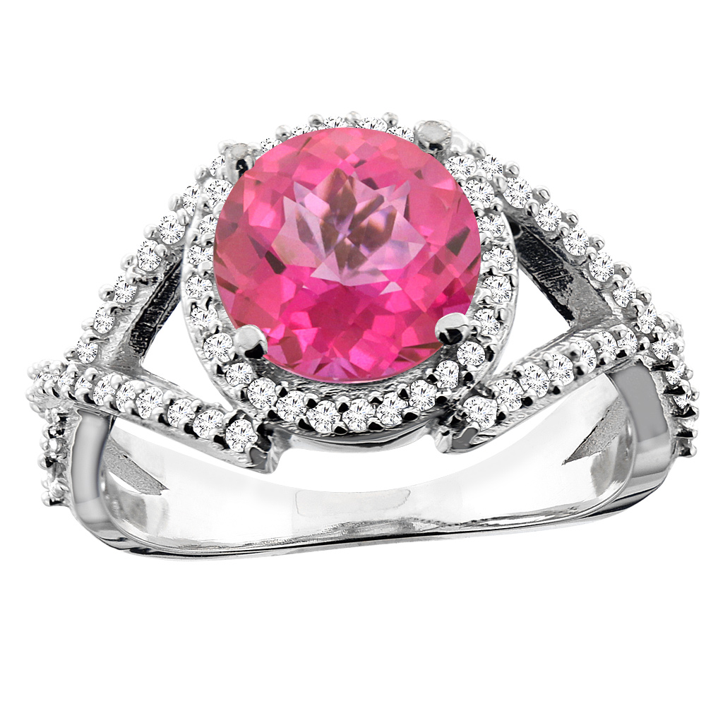 14K White/Yellow/Rose Gold Natural Pink Topaz Ring Round 8mm Diamond Accent, sizes 5 - 10