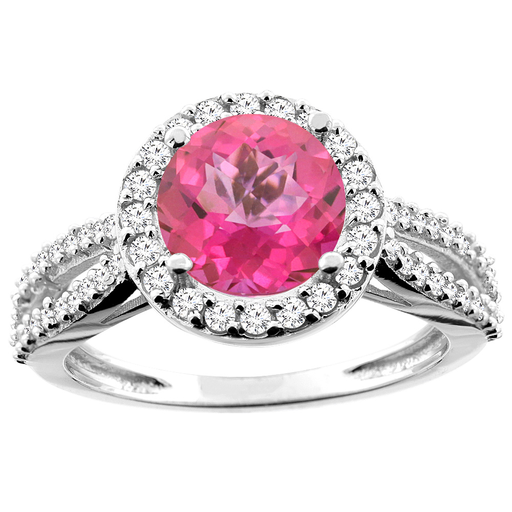 10K White/Yellow/Rose Gold Natural Pink Topaz Ring Round 8mm Diamond Accent, sizes 5 - 10