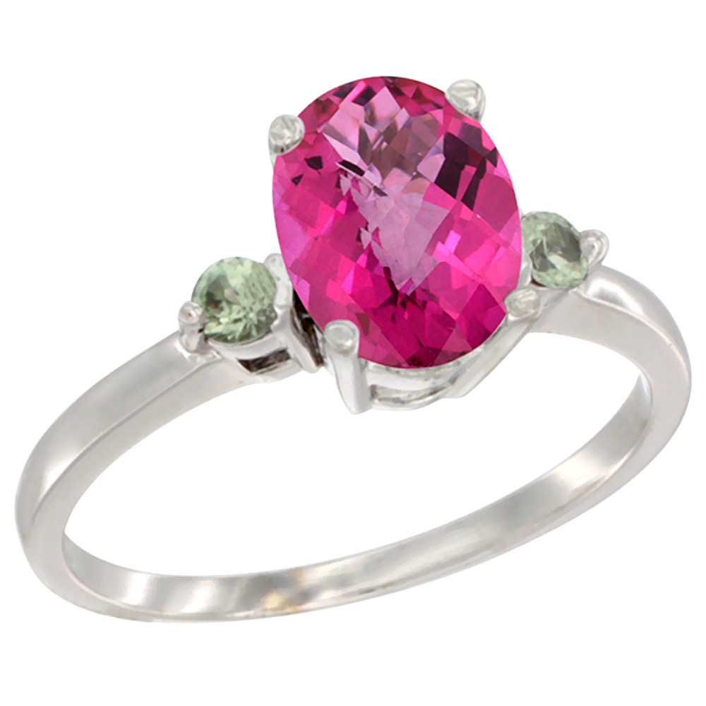 10K White Gold Natural Pink Topaz Ring Oval 9x7 mm Green Sapphire Accent, sizes 5 to 10
