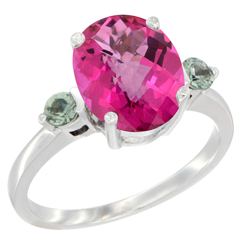 14K White Gold 10x8mm Oval Natural Pink Topaz Ring for Women Green Sapphire Side-stones sizes 5 - 10