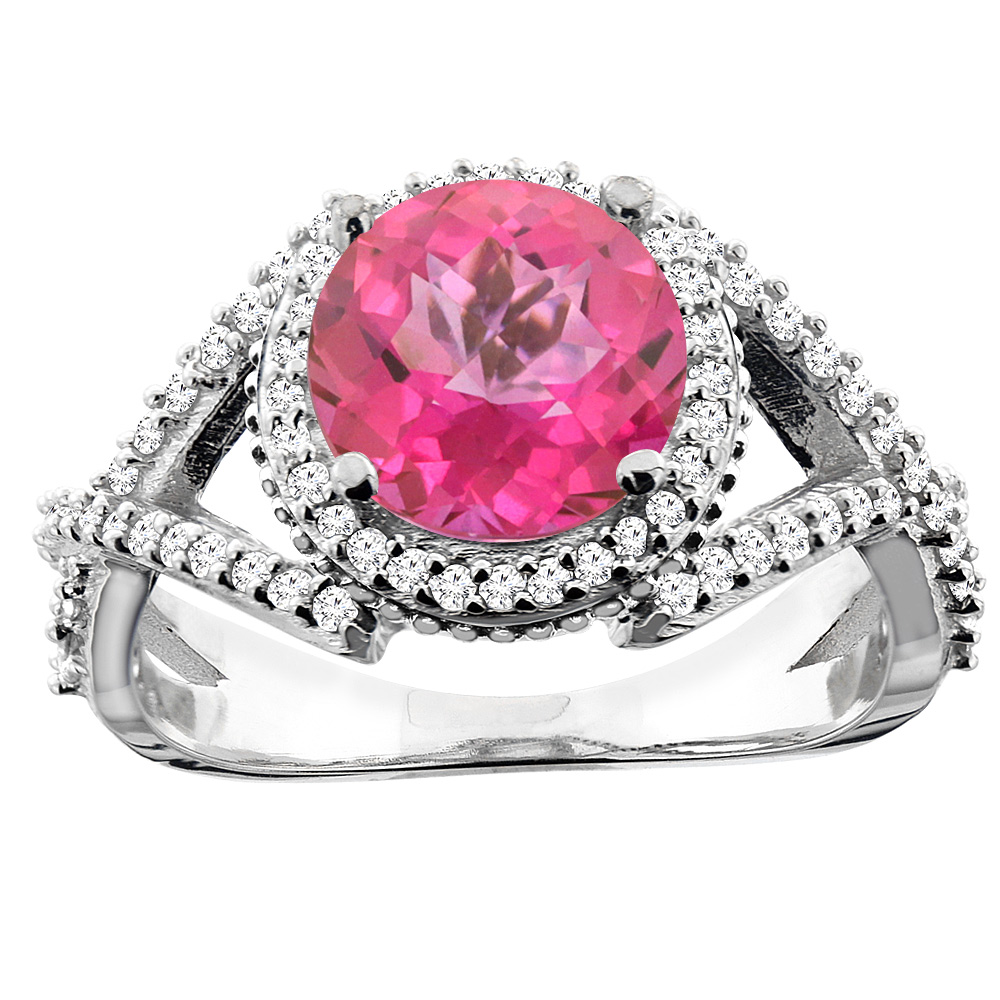 10K White/Yellow/Rose Gold Natural Pink Topaz Ring Round 8mm Diamond Accent, sizes 5 - 10