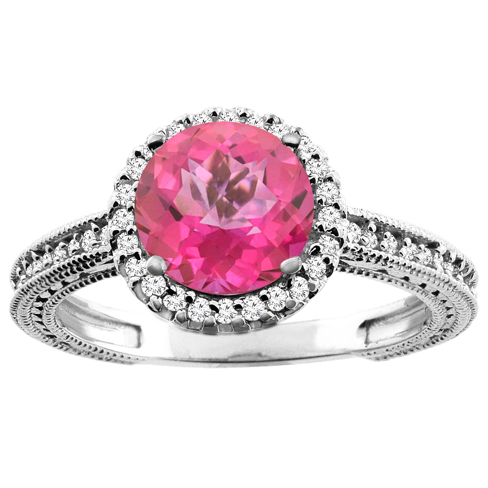 10K White/Yellow/Rose Gold Natural Pink Topaz Ring Round 7mm Diamond Accent, sizes 5 - 10