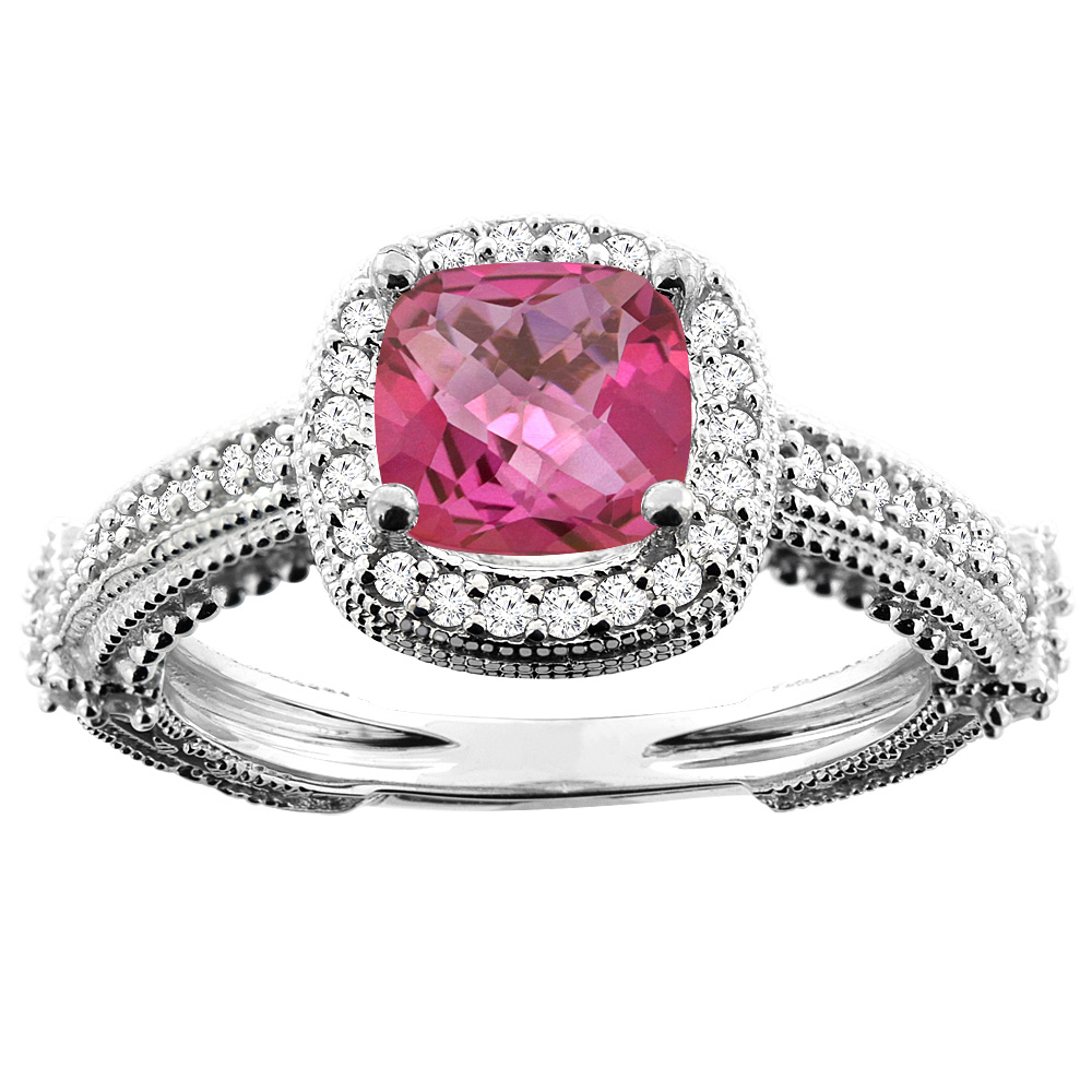 14K White/Yellow/Rose Gold Natural Pink Topaz Ring Cushion 7x7mm Diamond Accent, sizes 5 - 10