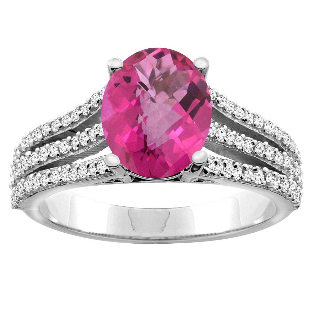 10K White/Yellow Gold Natural Pink Topaz Tri-split Ring Cushion-cut 8x6mm Diamond Accents 5/16 inch wide, sizes 5 - 10