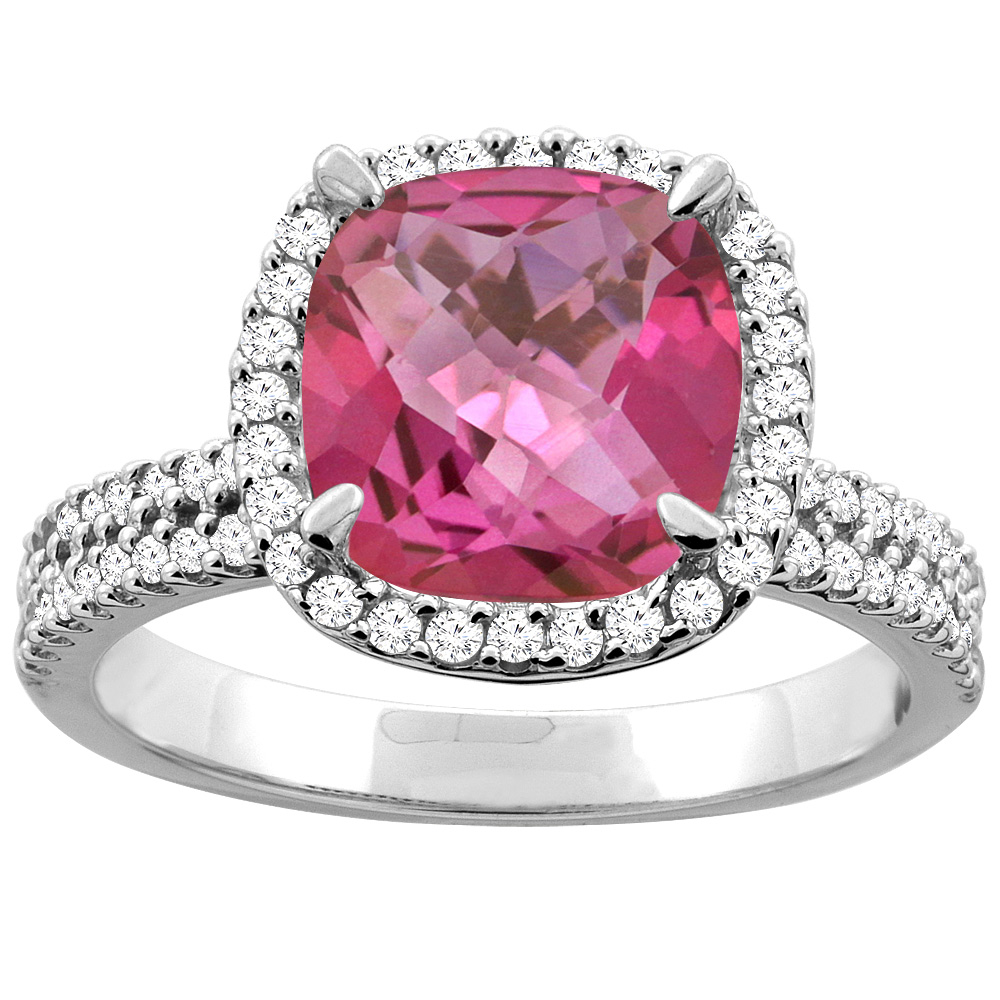 10K White/Yellow Gold Natural Pink Topaz Halo Ring Cushion 9x9mm Diamond Accent, sizes 5 - 10