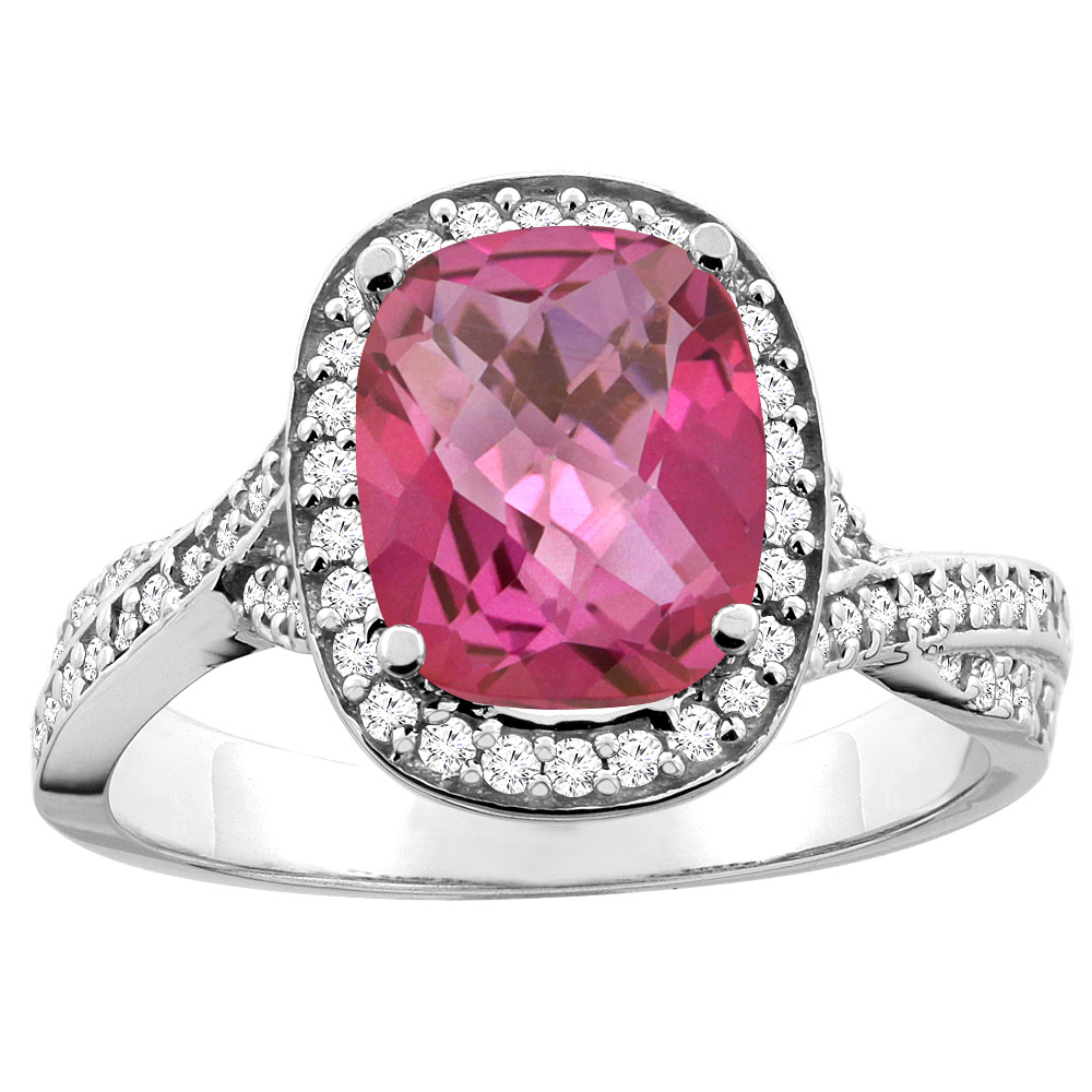 10K White/Yellow Gold Natural Pink Topaz Halo Ring Cushion 9x7mm Diamond Accent, sizes 5 - 10