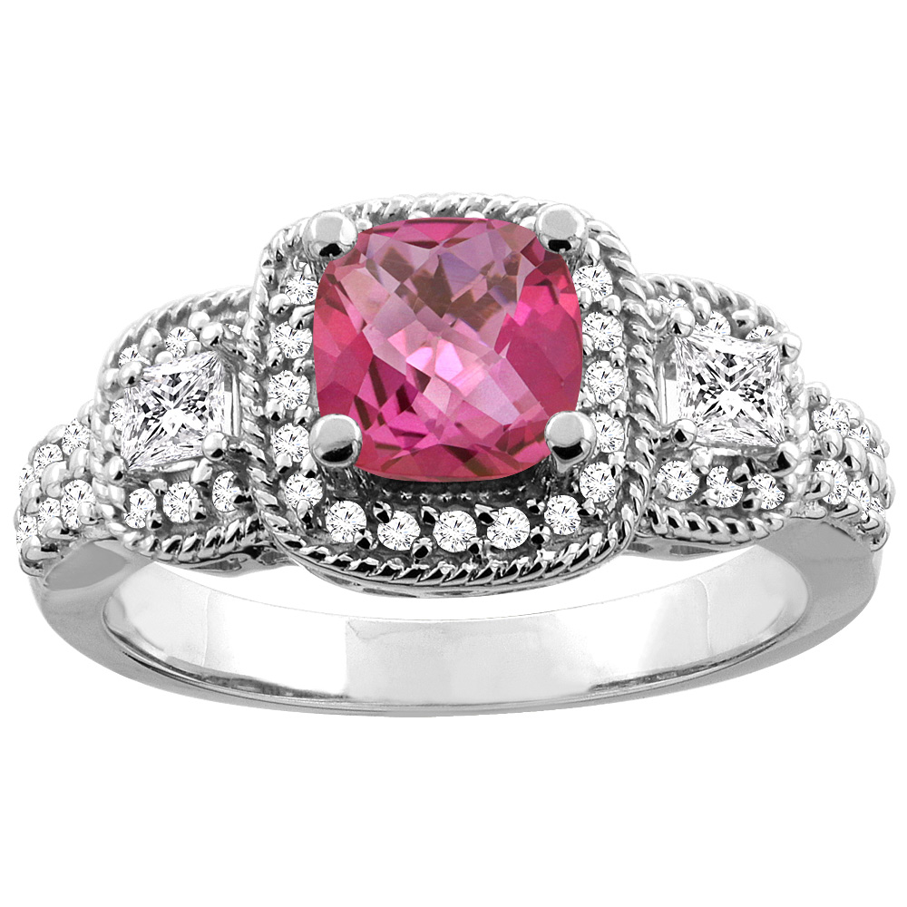 14K White/Yellow Gold Natural Pink Topaz Ring Cushion-cut 6x6 mm Diamond Accent, sizes 5 - 10