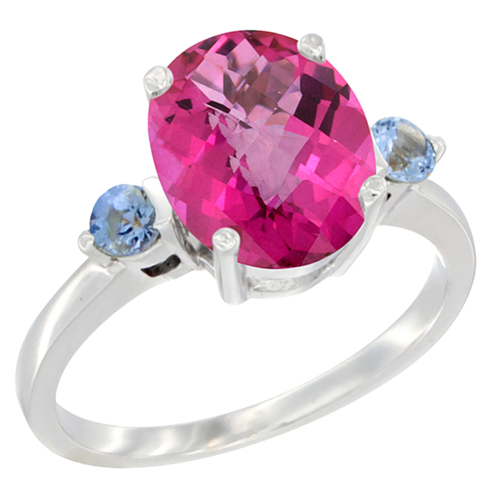 10K White Gold 10x8mm Oval Natural Pink Topaz Ring for Women Light Blue Sapphire Side-stones sizes 5 - 10