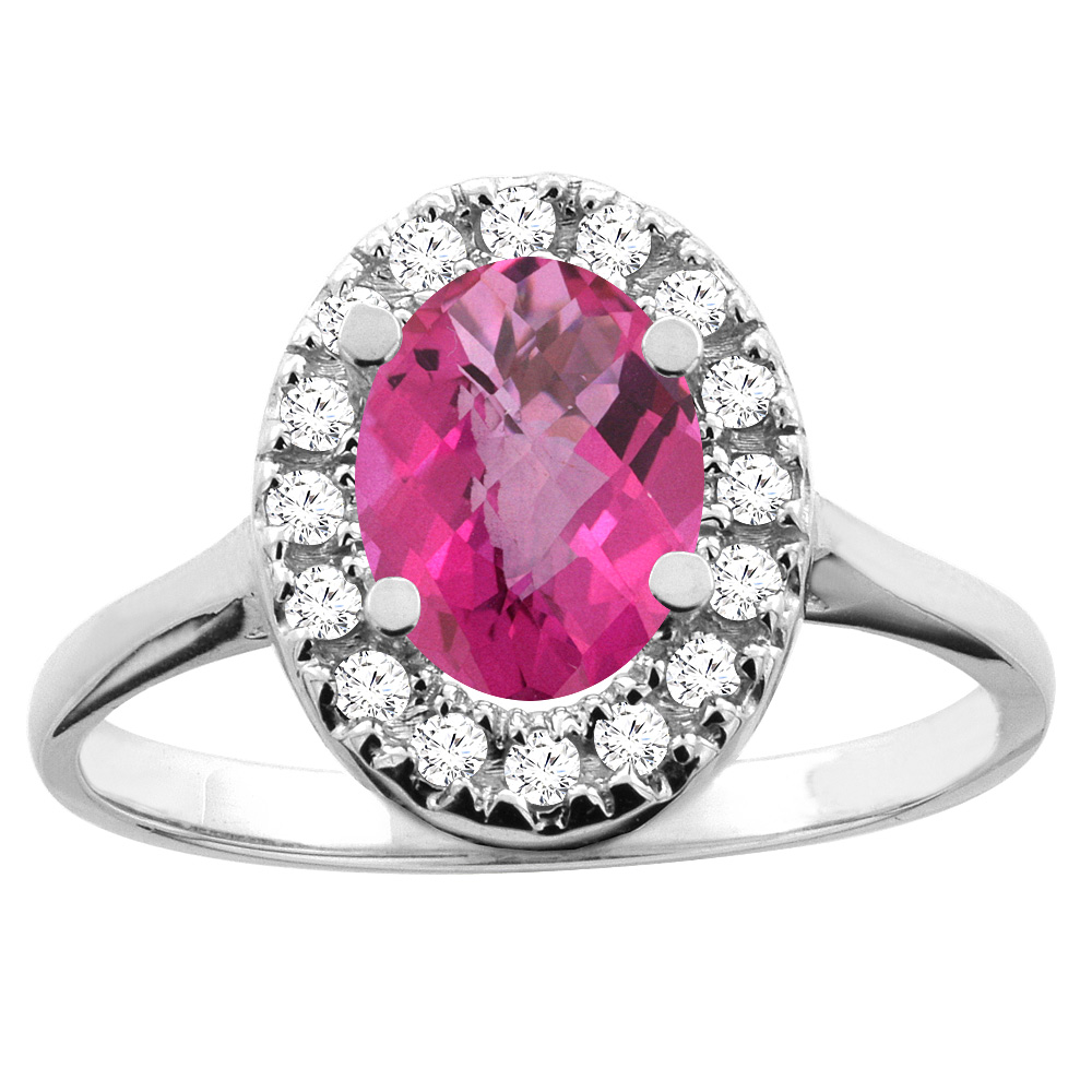 10K White/Yellow Gold Natural Pink Topaz Ring Oval 8x6mm Diamond Accent, sizes 5 - 10