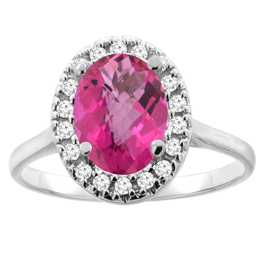 14K Gold Natural Pink Topaz Halo Ring Oval 9x7mm Diamond Accent, sizes 5 - 10