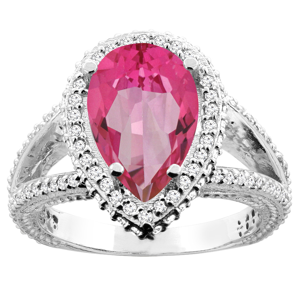 10K White/Yellow Gold Natural Pink Topaz Halo Ring Pear 12x8mm Diamond Accents, sizes 5 - 10