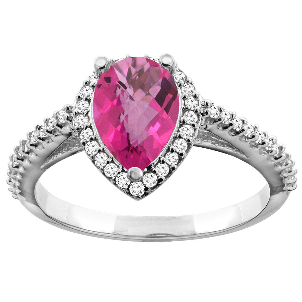 14K White Gold Natural Pink Topaz Ring Pear 9x7mm Diamond Accents, sizes 5 - 10
