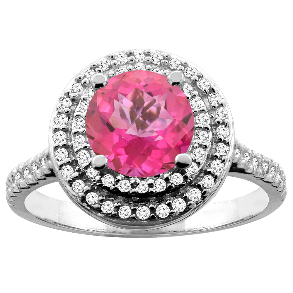 10K White/Yellow Gold Natural Pink Topaz Double Halo Ring Round 7mm Diamond Accent, sizes 5 - 10