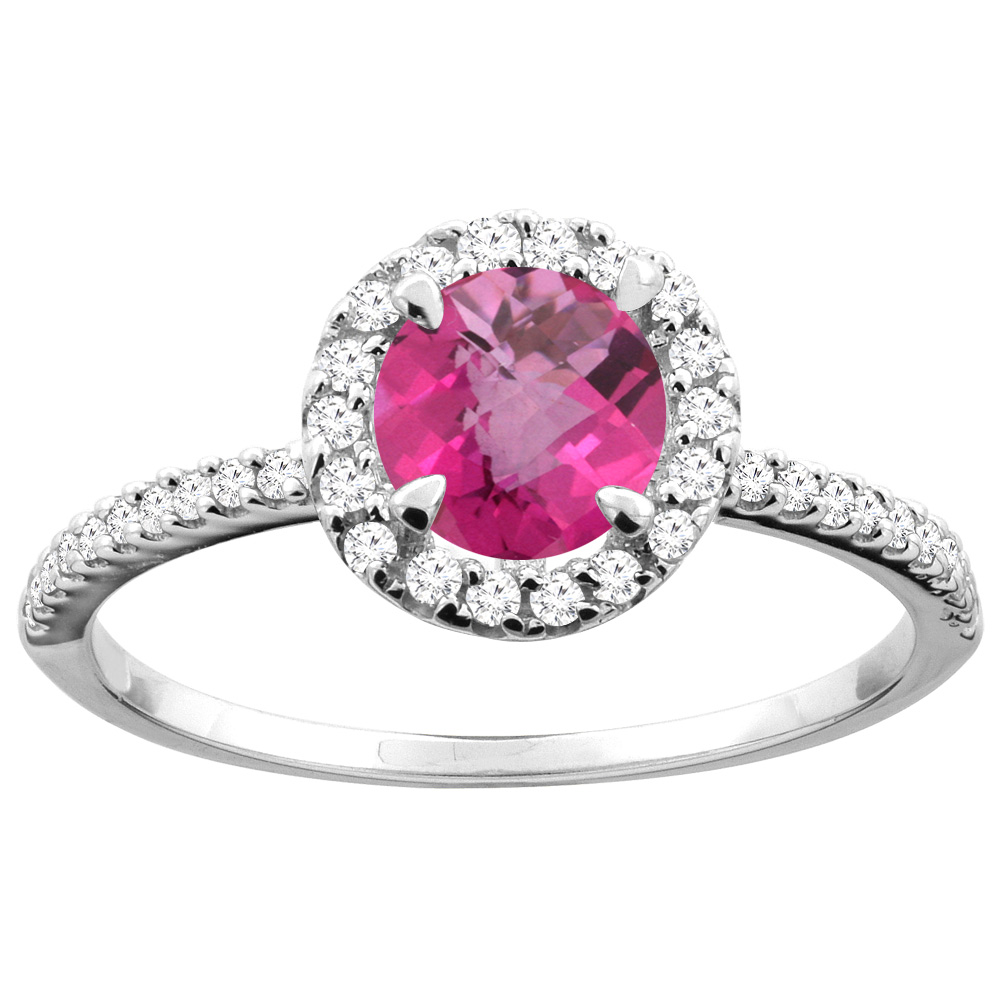 14K Gold Natural Pink Topaz Ring Round 6mm Diamond Accents, sizes 5 - 10