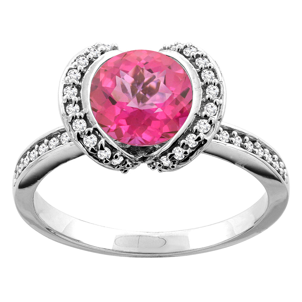 10K White/Yellow Gold Natural Pink Topaz Ring Round 7mm Diamond Accent, sizes 5 - 10