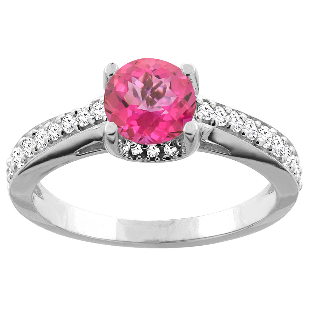 14K White/Yellow Gold Natural Pink Topaz Ring Round 6mm Diamond Accents 1/4 inch wide, sizes 5 - 10