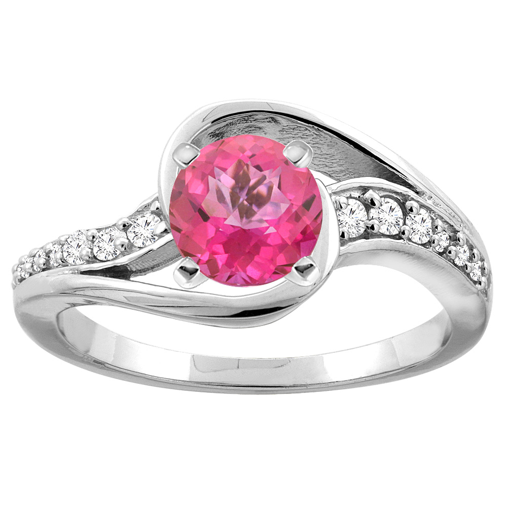 14K White/Yellow Gold Natural Pink Topaz Bypass Ring Round 6mm Diamond Accent, sizes 5 - 10