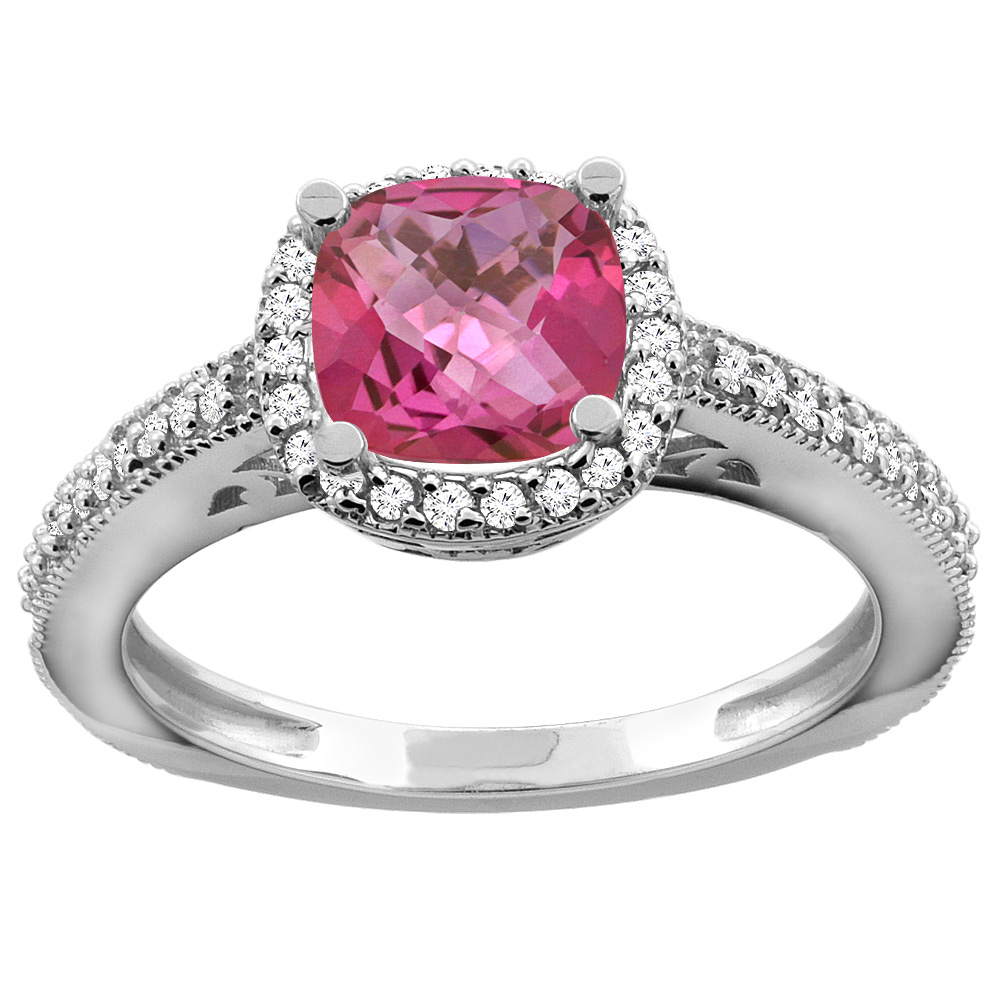 14K Gold Natural Pink Topaz Engagement Ring Diamond Halo Cushion 7mm, sizes 5 - 10