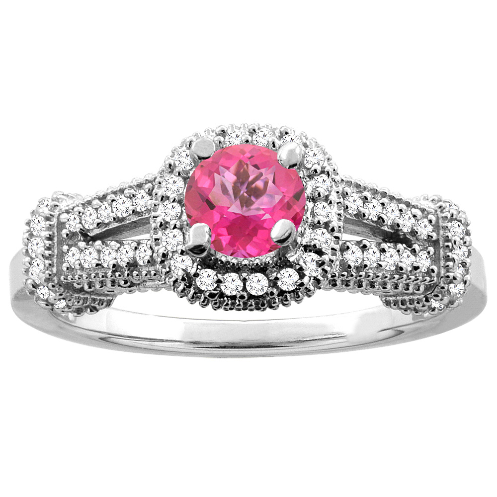 10K White Gold Natural Pink Topaz Engagement Halo Ring Round 5mm Diamond Accents, sizes 5 - 10