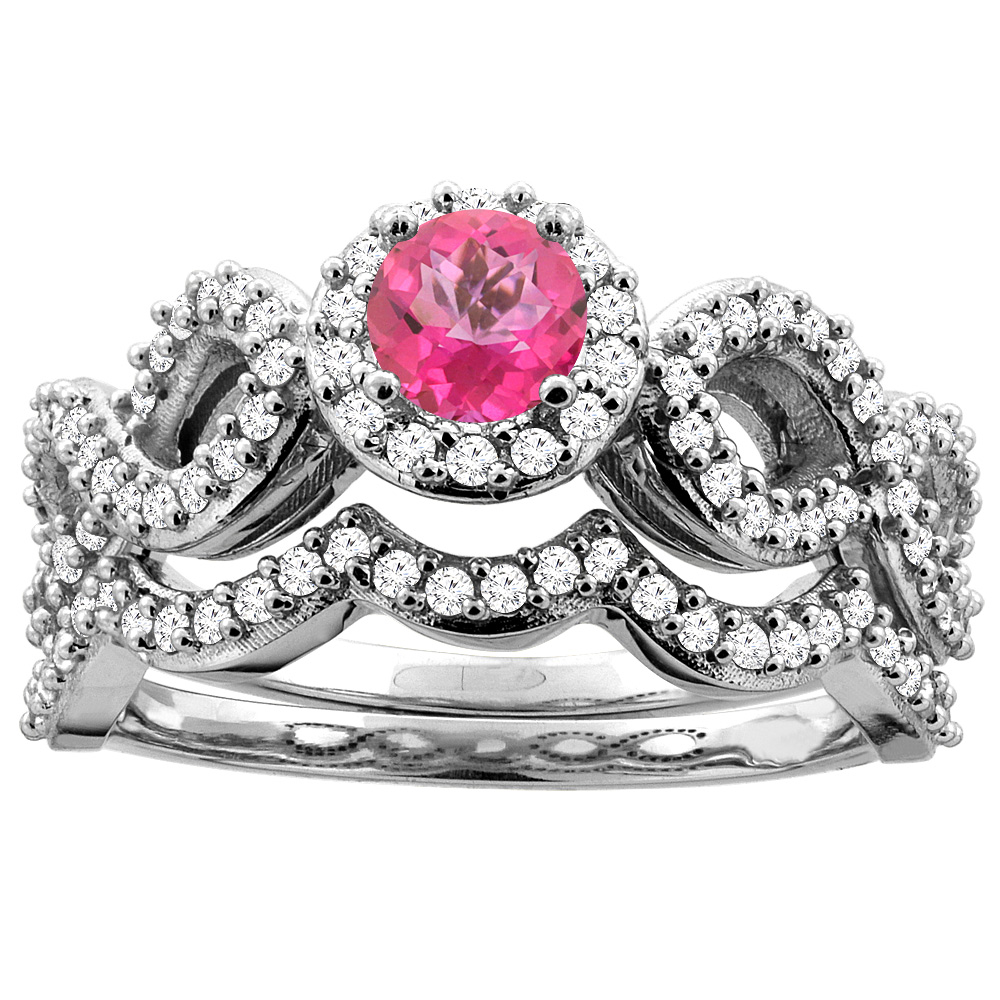 14K White Gold Natural Pink Topaz Engagement Halo Ring Round 5mm Diamond 2-piece Accents, sizes 5 - 10