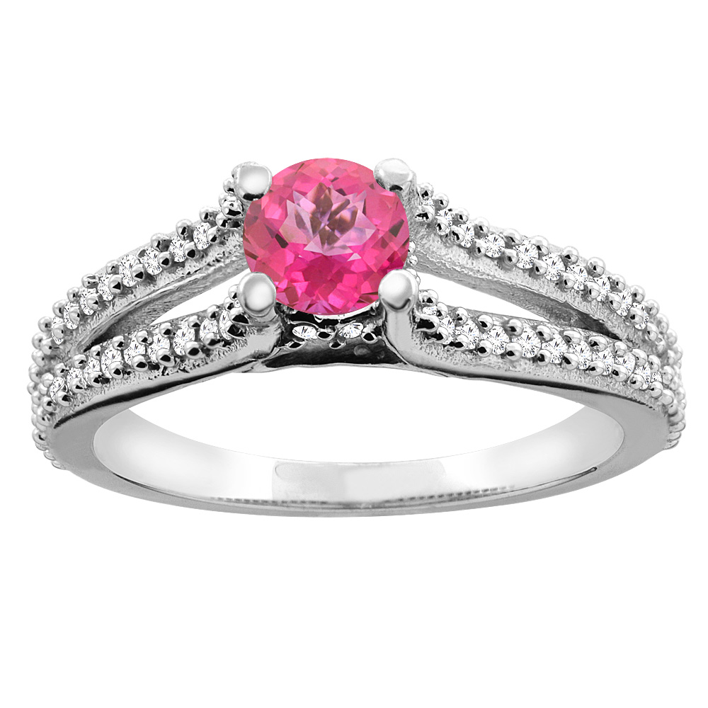 14K White Gold Natural Pink Topaz Engagement Split Shank Ring Round 5mm Diamond Accents, sizes 5 - 10
