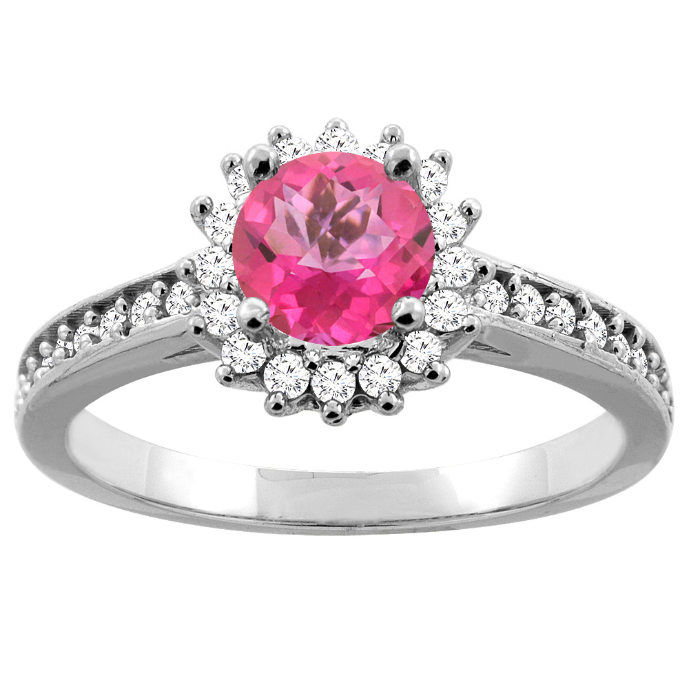 14K Gold Natural Pink Topaz Floral Halo Diamond Engagement Ring Round 6mm, sizes 5 - 10