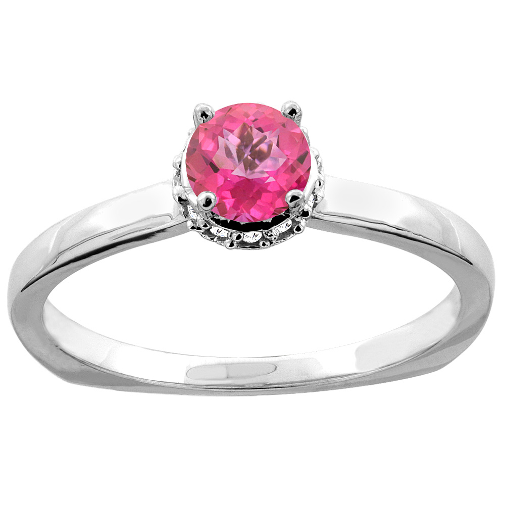 10K Gold Natural Pink Topaz Solitaire Engagement Ring Round 4mm Diamond Accents, sizes 5 - 10