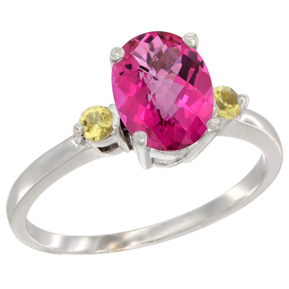 10K White Gold Natural Pink Topaz Ring Oval 9x7 mm Yellow Sapphire Accent, sizes 5 to 10
