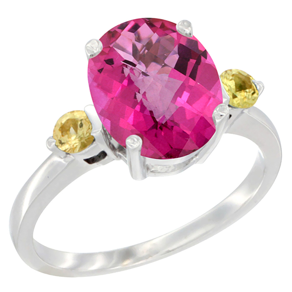 10K White Gold 10x8mm Oval Natural Pink Topaz Ring for Women Yellow Sapphire Side-stones sizes 5 - 10
