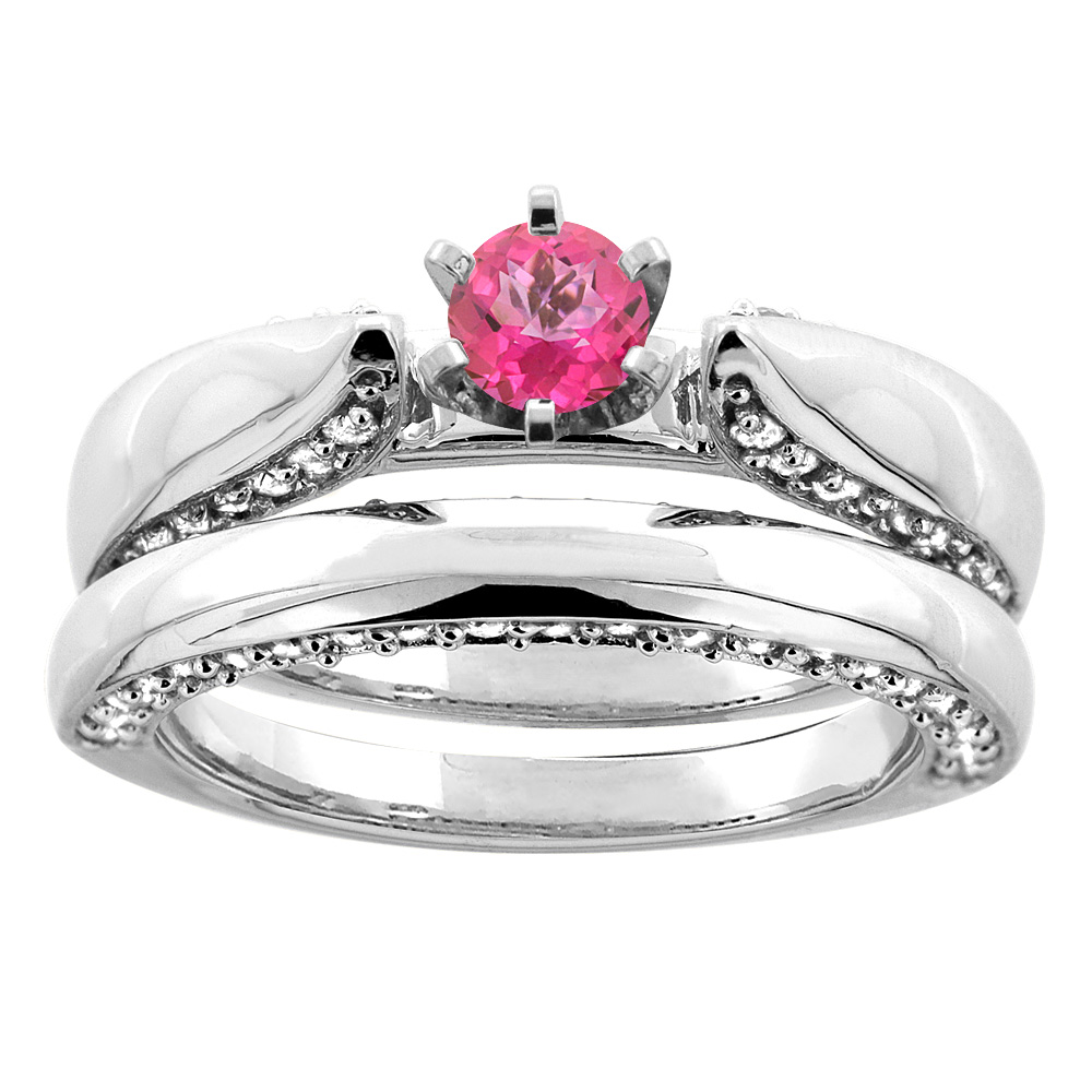 14K White Gold Natural Pink Topaz 2-piece Bridal Ring Set Diamond Accents Round 5mm, sizes 5 - 10