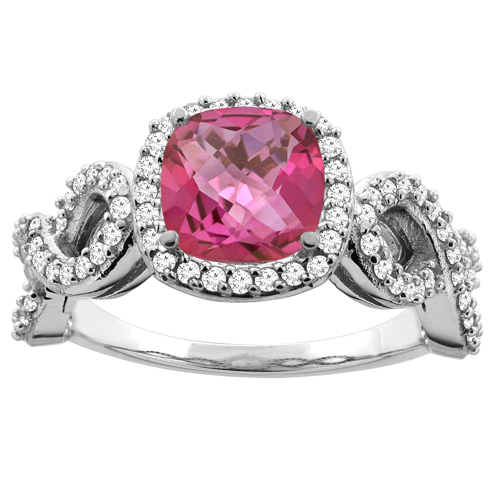 14K White Gold Natural 7mm Cushion Cut Pink Topaz Engagement Ring for Women Eternity Pattern Diamond Accent sizes 5-10